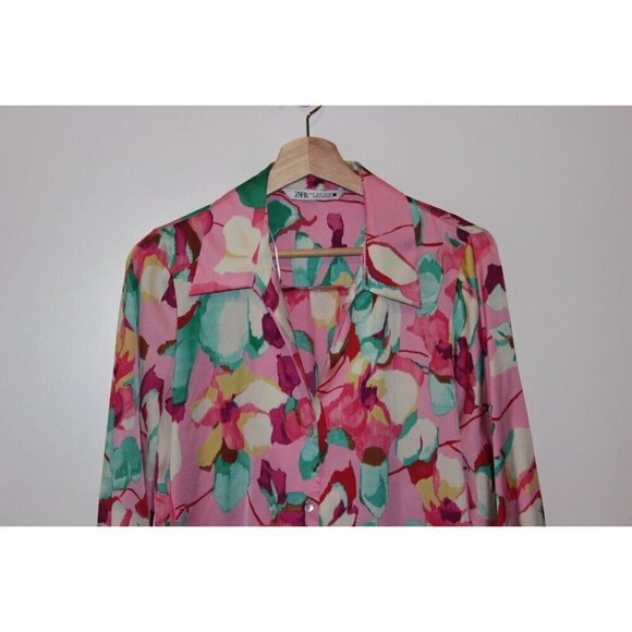 Zara Womens Floral SatinLong Sleeve Blouse Pink/Multicolor Size Small - Picture 8 of 9